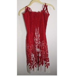 Hibiscus Collection Hawaii White Red Rayon Dress Floral Smocked Ties Tropical OS